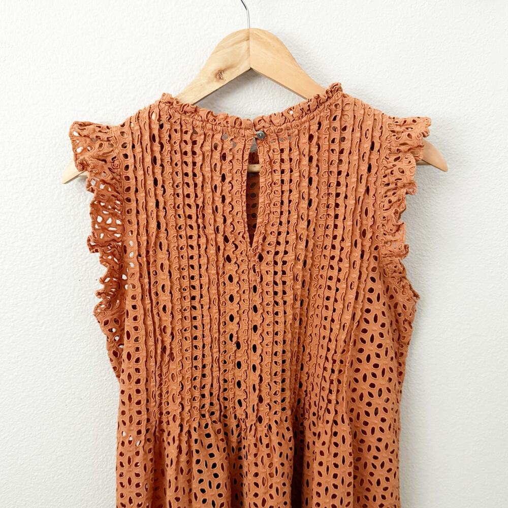 MADEWELL | Eyelet Ruffle-Sleeve Pintuck Mini Dress Orange Mulled Cider | Medium - Picture 5 of 9